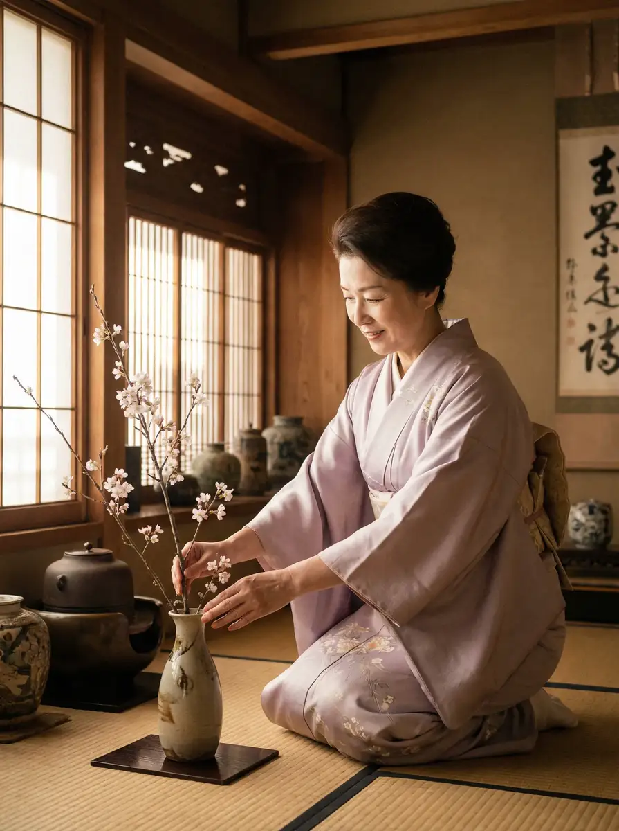 一位优雅的 站街女 在和室中插花